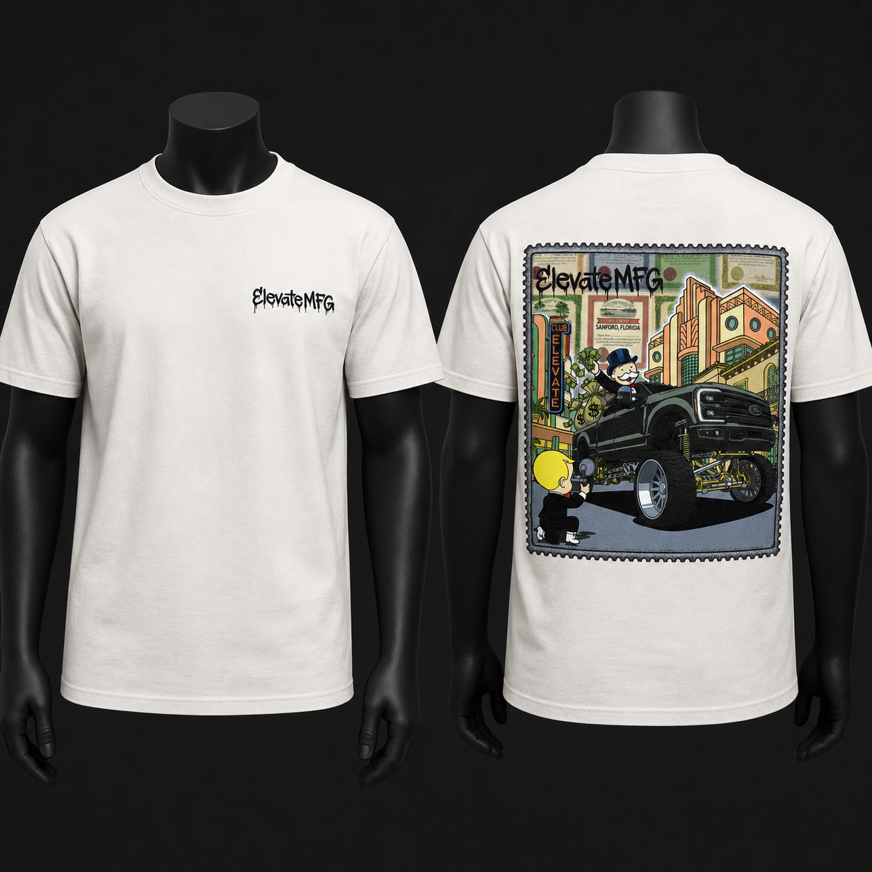 ELEVATE MONOPOLY TEE on black mannequin