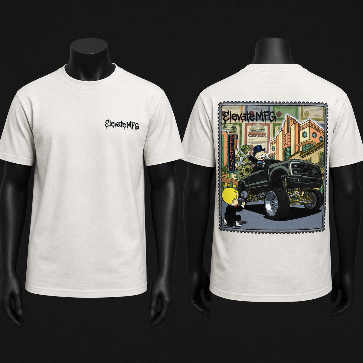 ELEVATE MONOPOLY TEE on black mannequin